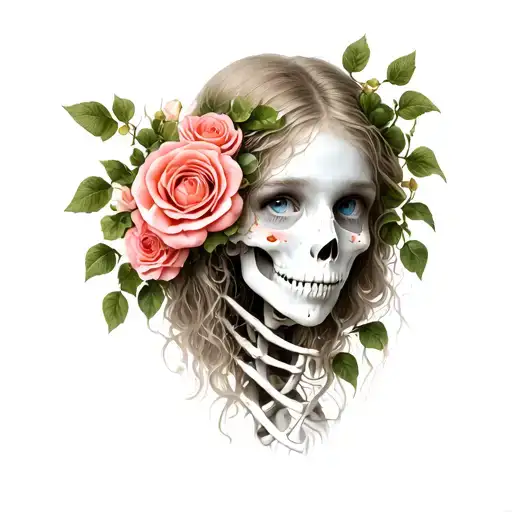 An arrangement of bones and rose vines that form to make a beautiful girls face tattoo design idea