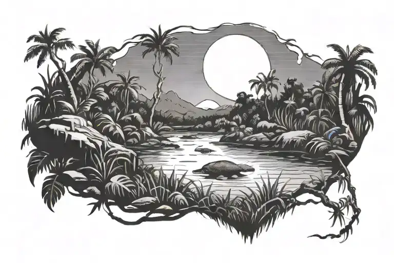 jungle with a river flowing towards the front and beaver building a dam and a large bright moon tattoo design idea