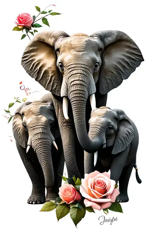 3 elephants with some cloy da behide and a rose with mother birthday and hear best rythem  tattoo design idea