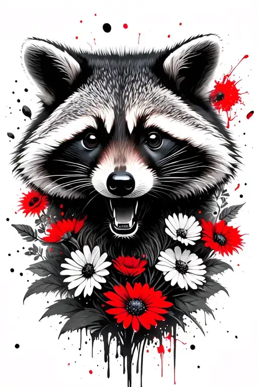 raccoon head, wildflowers in the background black and white tattoo design idea