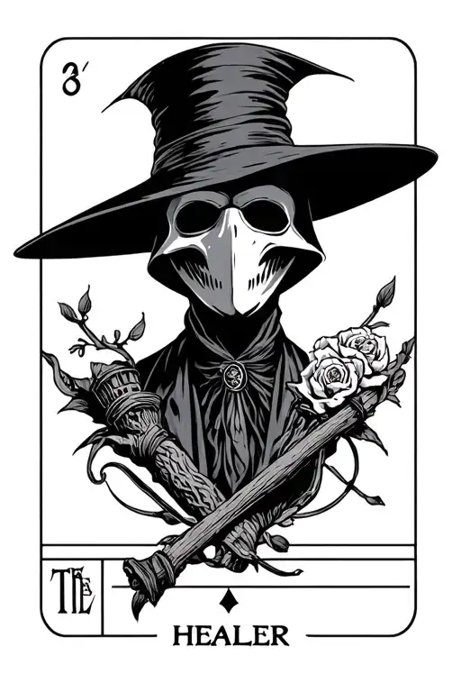 full body plague doctor retro inside tarot card called "The Healer" tattoo design idea