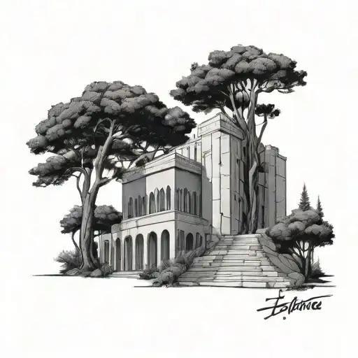 Lebanese architecture with cedar tree in the background  tattoo design idea