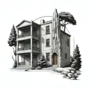 Lebanese architecture with cedar tree in the background  tattoo design idea