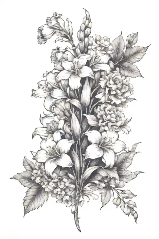 tattoo on side of hip and upper thigh with carnations, larkspurs, gladioluses, and narcissuses. C shaped tattoo design idea