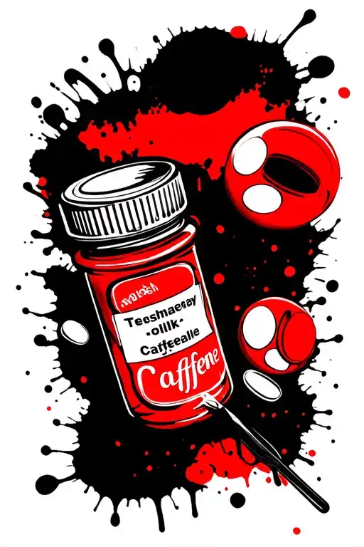 pharmacy pill bottles, pill capsules, caffeine, pharmacy counting spatula, pharmacy counting tray tattoo design idea