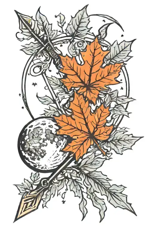 maple leaves, moon, arrow tattoo design idea