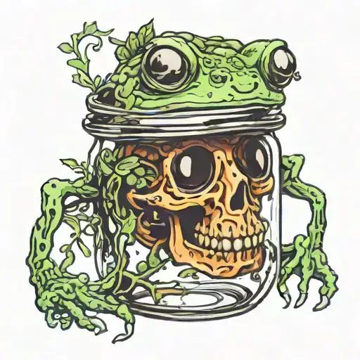 frog on a skull trapped in a mason jar tattoo design idea
