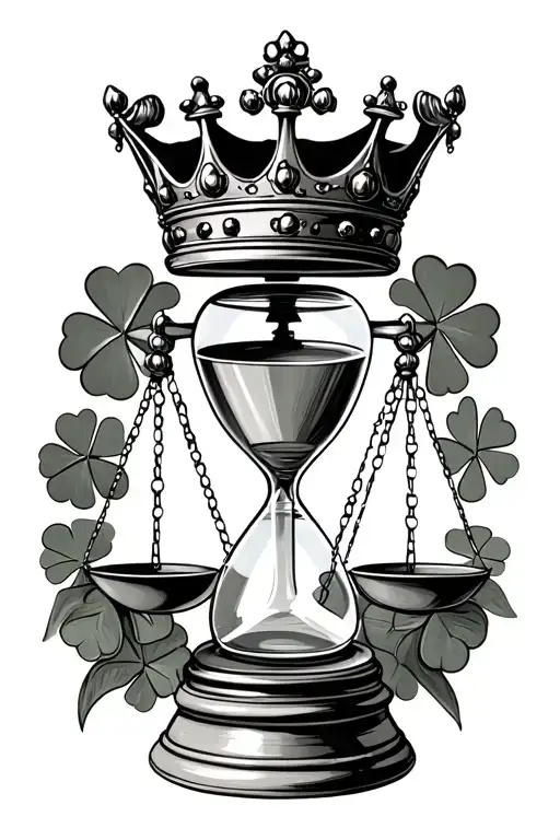 hour glass chess king crown and 4 leaf clover surrounding on the bottom put a balance  scale  tattoo design idea