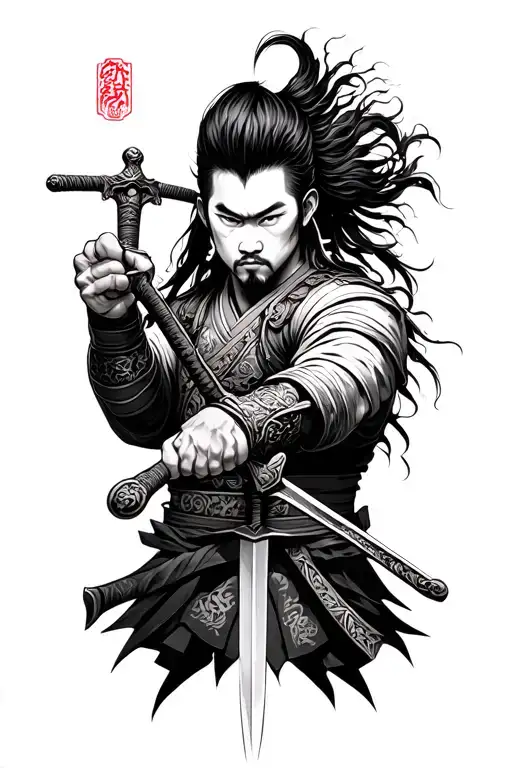 Taiwanese / asian warrior wielding a sword tattoo design idea
