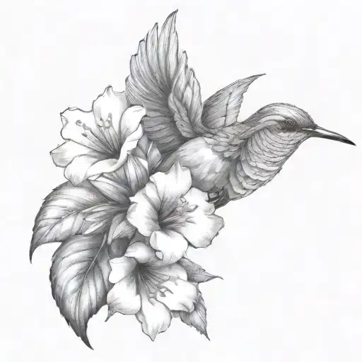 humming-bird tropical flowers and leaves tattoo design idea