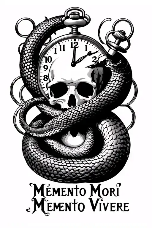"Memento Mori Memento Vivere" "Memento Mori Memento Vivere" sea snake eating its own tail in an infinity symbol, pocket watch, skull, ocean waves tattoo design idea