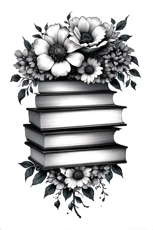 a stack of closed books with flowers being the focal piece growing through and around the books down the sides tattoo design idea