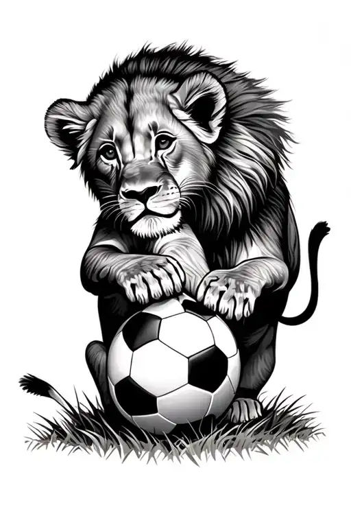 2 lion cubs in profile playing with a soccer ball on grass tattoo design idea