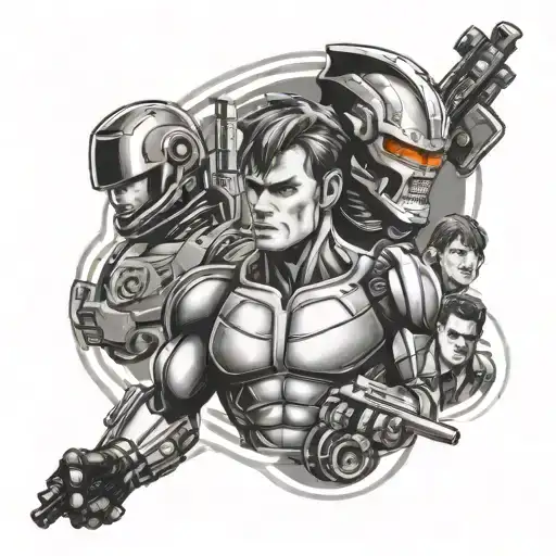 Sleeve tatto with with the following movie characters: Robocop, Terminator, Rambo, Gremlins, Ghostbusters, Buckaroo Banz tattoo design idea