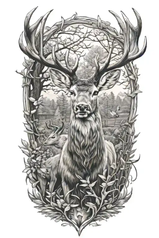 realistic red  deer birds tattoo design idea