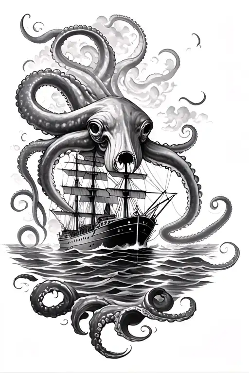 giant squid tentacles emerging from the water in a storm at sea surrounding a ship, all in black and white tattoo design idea