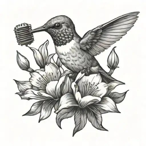 humming bird singing into microphone coming out of a magnolia flower tattoo design idea