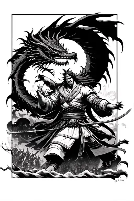 a samurai fighting only against an army with a dragon leaving him tattoo design idea