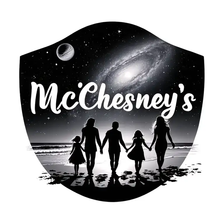 "McChesney’s" "McChesney’s" husband, wife, two daughters silhouette walking along beach with galaxy sky including planets and stars  tattoo design idea