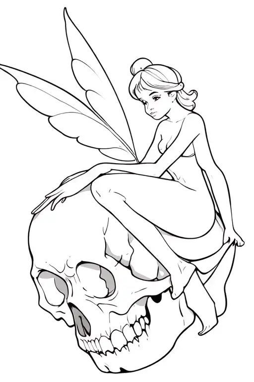 tinkerbell sitting on a skull tattoo design idea