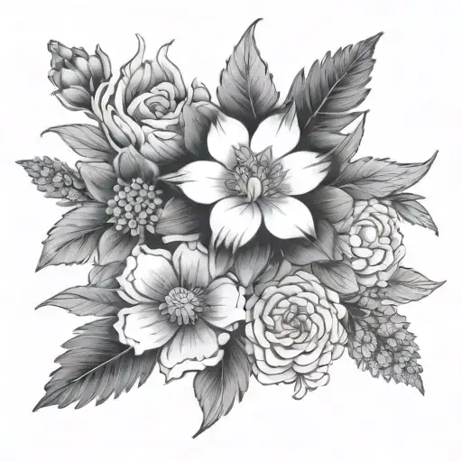  larkspur, carnation, and chrysanthemum bouquet tied tattoo design idea