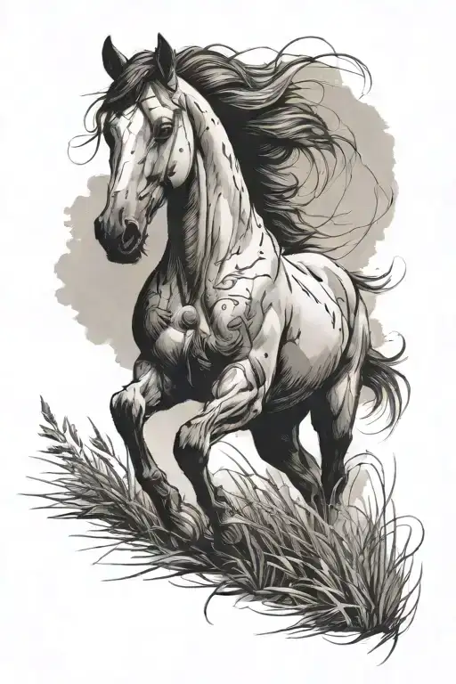 Attila's horse on forearm with grass and sand on the ground tattoo design idea