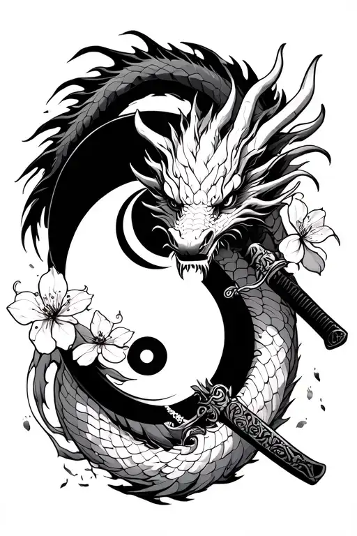 design is a asian dragon 🐉 wrapped around that has a katana with ying yang charm and cherry blossom flowers scattered  tattoo design idea