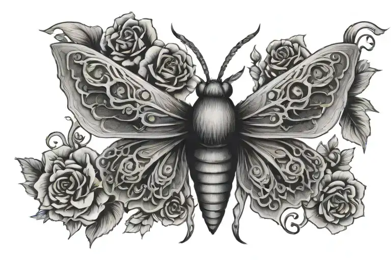 symetrical death moth. floral. gothic. femanine tattoo design idea