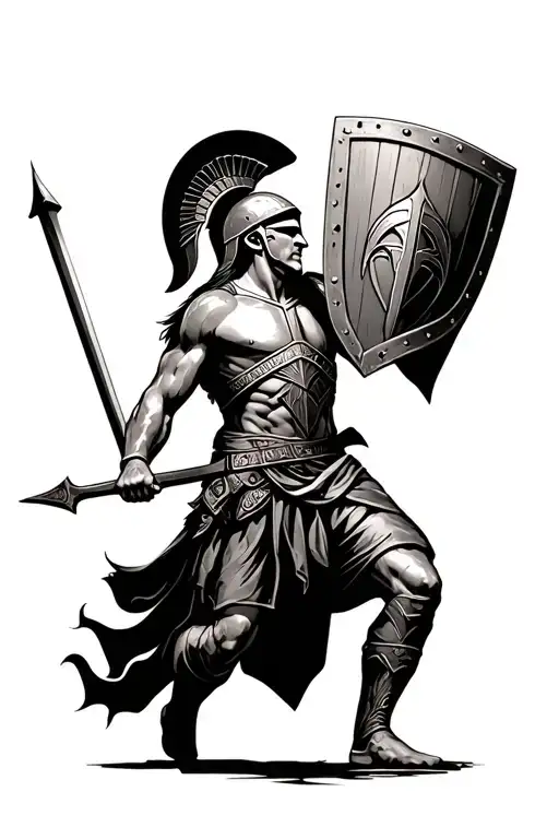Black and gray tattoo, realistic and detailed style. A spartan on the march, Corinthian helmet and raised shield, determin tattoo design idea