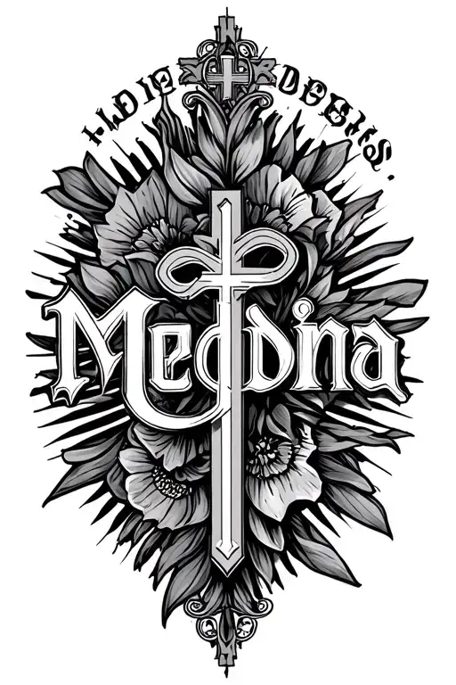 Shadded background with the word Medina in center and a "G$" with "iris " as well as a cross  tattoo design idea