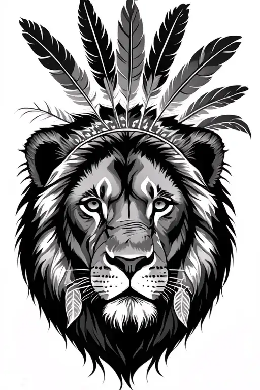 Lion that represents courage with a scar in the face and with many Indian feathers on his head with his cub tattoo design idea