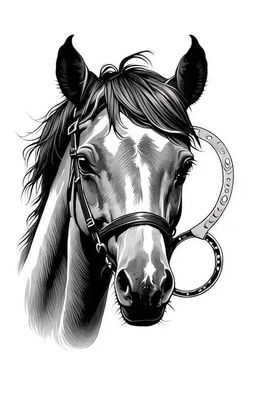 I want a fine line tattoo, which from top to bottom that begins with the face of a horse and a horseshoe tattoo design idea