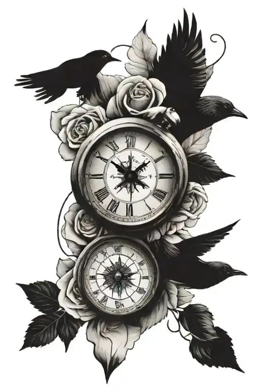 forearm tattoo, rose, 2 rigged mountain peaks,roman numeral clock face displaying the time,a vintage compass,black birds tattoo design idea