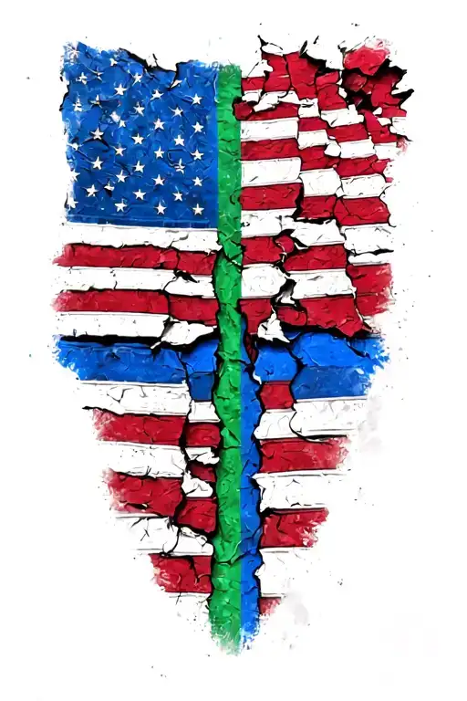 tattered subdued American  flag with thin blue and thin green line in the center tattoo design idea