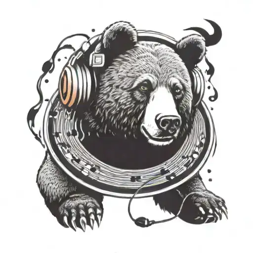 A bear wearing headphones and listening to music on a vinyl record tattoo design idea