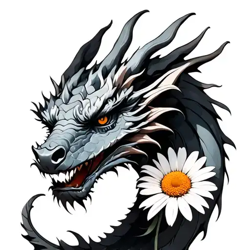 Black and grey tattoo dragon head with daisy flower tattoo design idea
