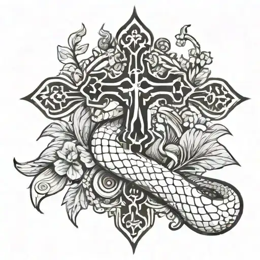 a snake is wrapped around a cross, and next to it is a three-leaf black clover tattoo design idea