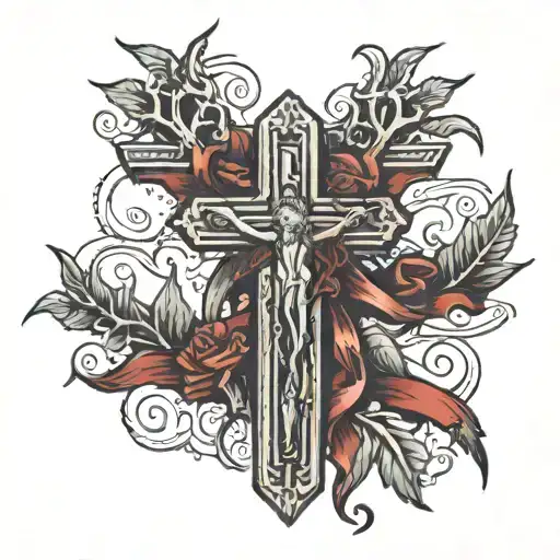 A tattoo of a crucifixion nail with deep red blood going down its sides. With a ribbon made of thorns going around it sa tattoo design idea