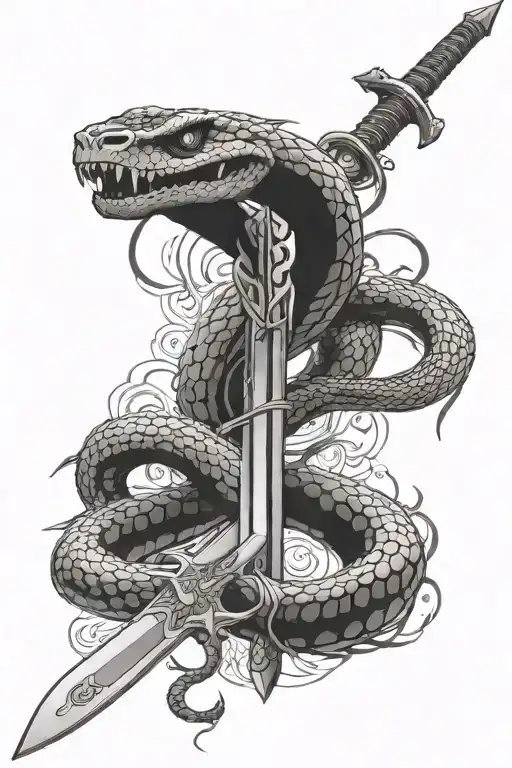 Snake wrapping around a Sword,  the wrod is facing downward tattoo design idea