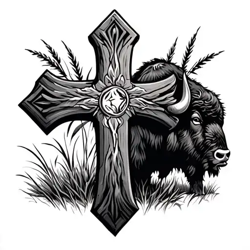 Western theme, Cross, with prairie grass and bison tattoo design idea