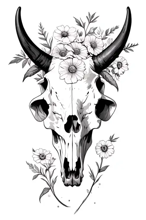 cow skull and wild flowers growing tattoo design idea