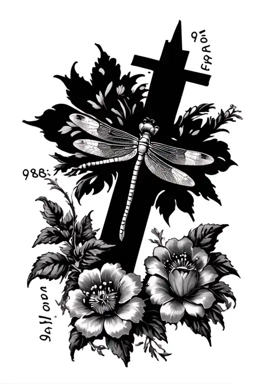 a cross, 1986, a postage stamp, a dragonfly, flowers tattoo design idea