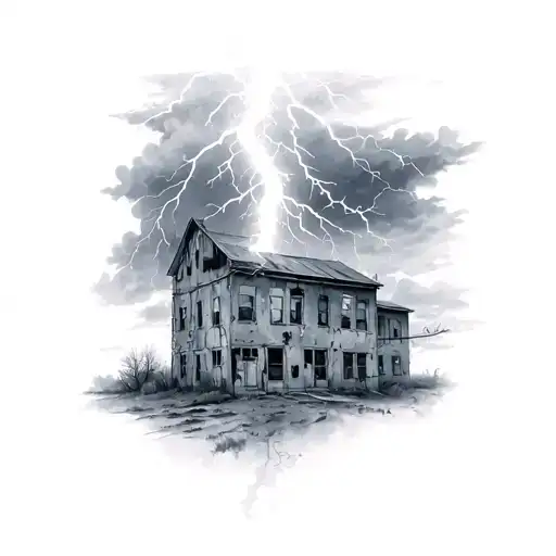 A realistic tattoo of a powerful lightning bolt striking an abandoned building, with dark storm clouds in the background tattoo design idea