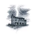 A realistic tattoo of a powerful lightning bolt striking an abandoned building, with dark storm clouds in the background tattoo design idea