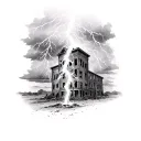 A realistic tattoo of a powerful lightning bolt striking an abandoned building, with dark storm clouds in the background tattoo design idea