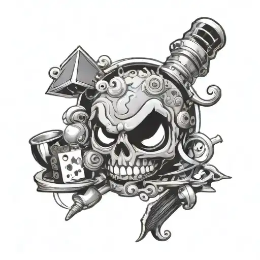 A playful cartoon interpretation of Weston's favorite things, with a twist of darkness in black-grey style tattoo design idea