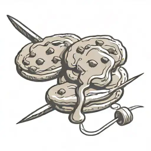 chocolate chip cookie with sewing needle piercing tattoo design idea