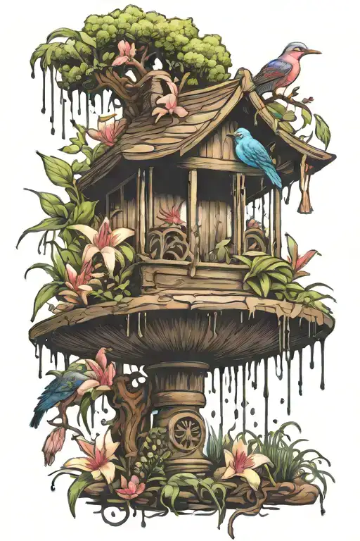  lily, birds, cypress tree, melody, wishing well, wish, penny, rain, flowers tattoo design idea