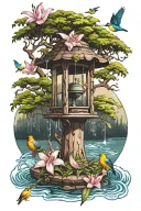  lily, birds, cypress tree, melody, wishing well, wish, penny, rain, flowers tattoo design idea