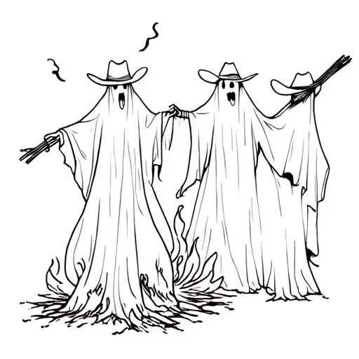 minimalist tattoo design featuring cowboy ghosts dancing around a fire tattoo design idea